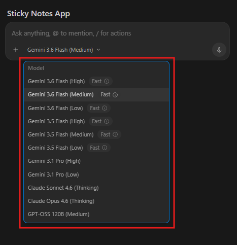 Google Antigravity IDE AI model selector dropdown menu