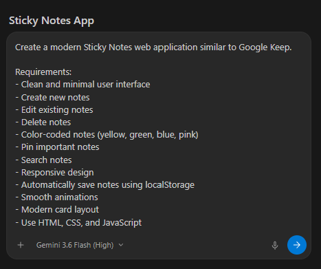 Vibe coding prompt code generation in Google Antigravity IDE