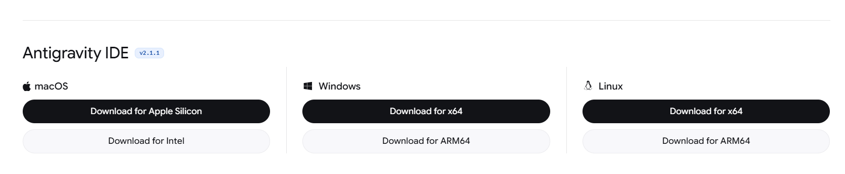 Google Antigravity IDE download options for Windows, macOS, and Linux