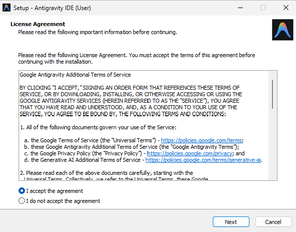 Google Antigravity IDE installation wizard and folder setup screen