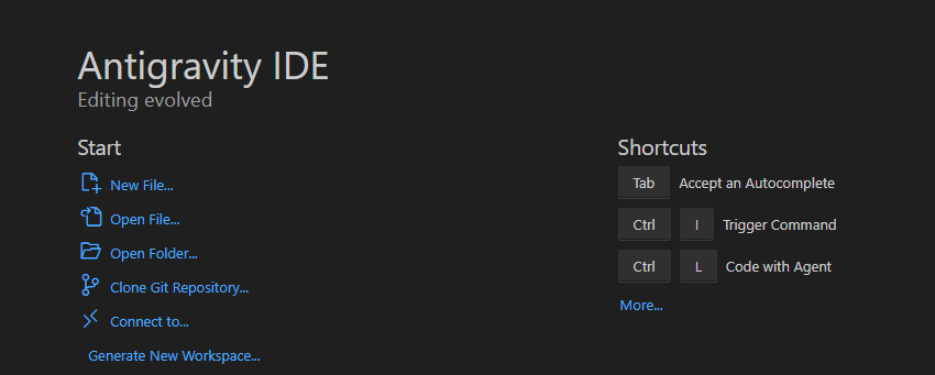 Creating a new workspace project in Google Antigravity IDE