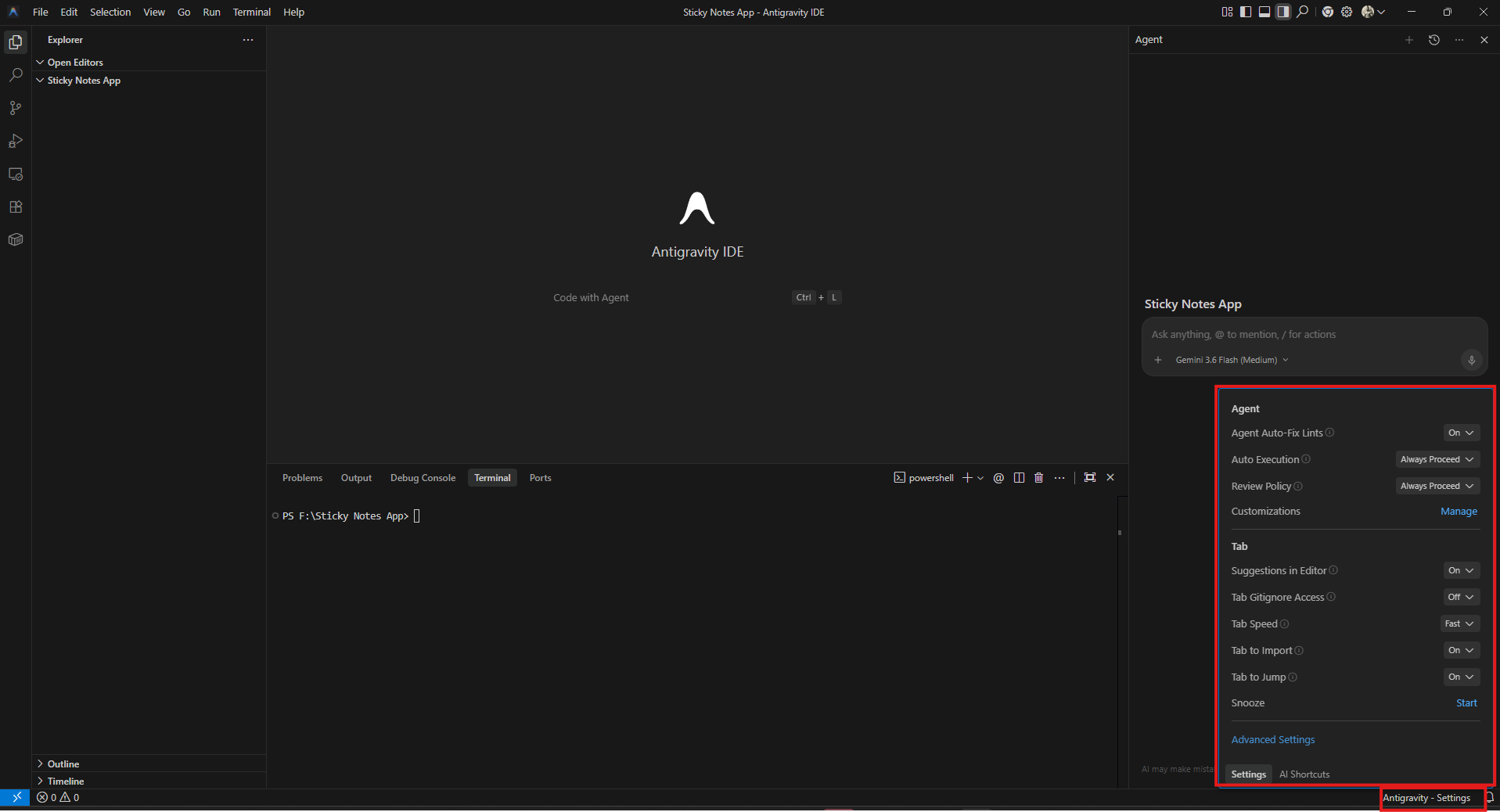 Google Antigravity IDE agent settings and auto-fix lints configuration