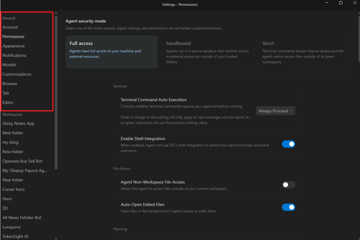 Google Antigravity IDE advanced settings menu options